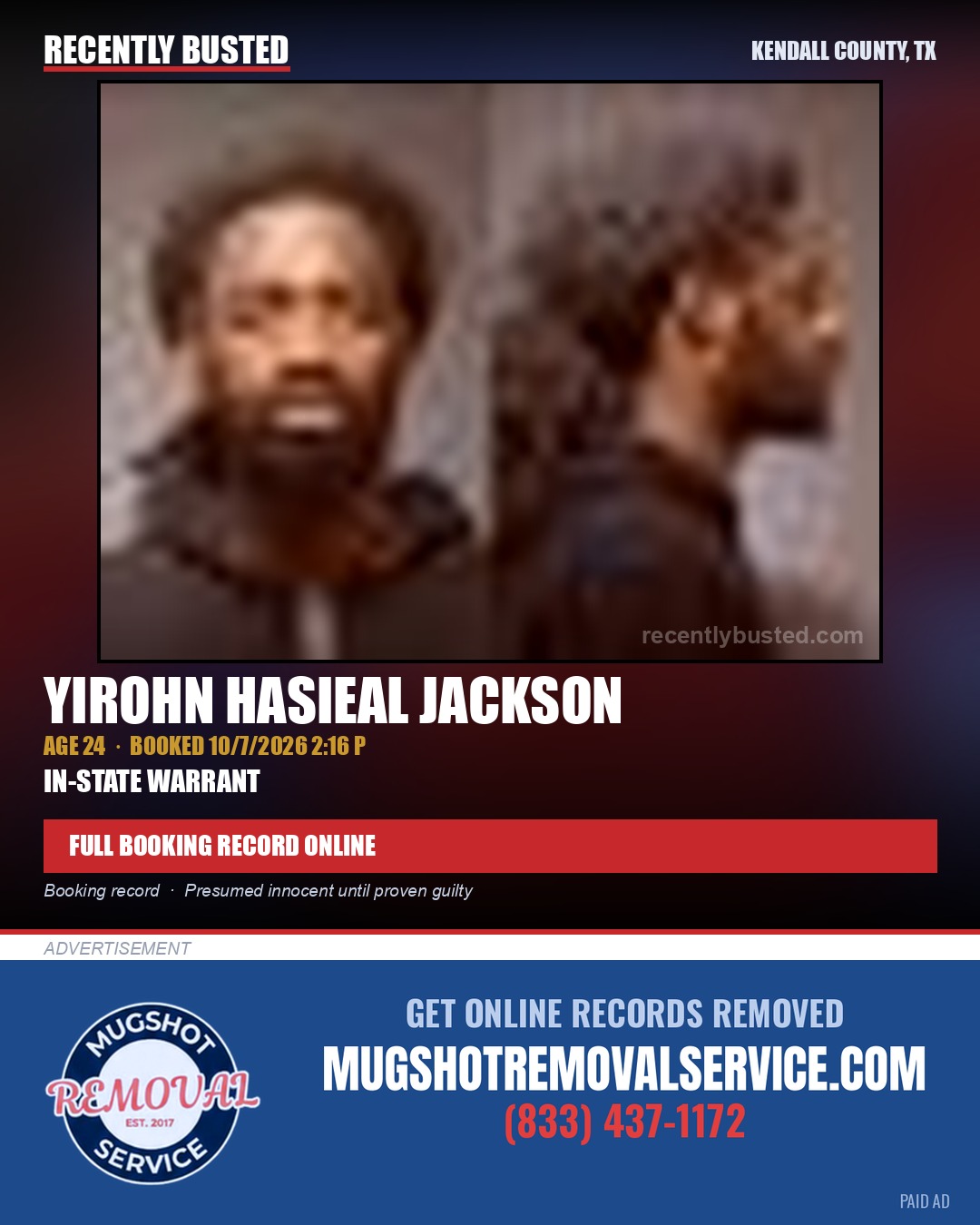 JACKSON, YIROHN HASIEAL — arrest record card, Kendall County, Illinois
