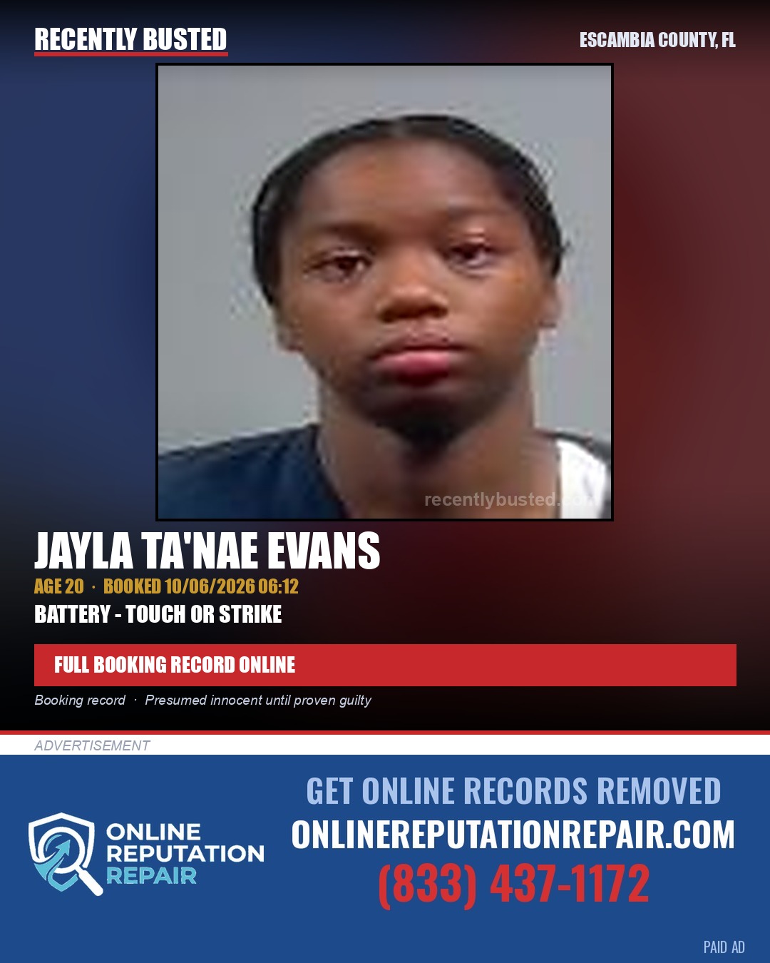 Jayla Ta'Nae Evans — arrest record card, Escambia County, Florida