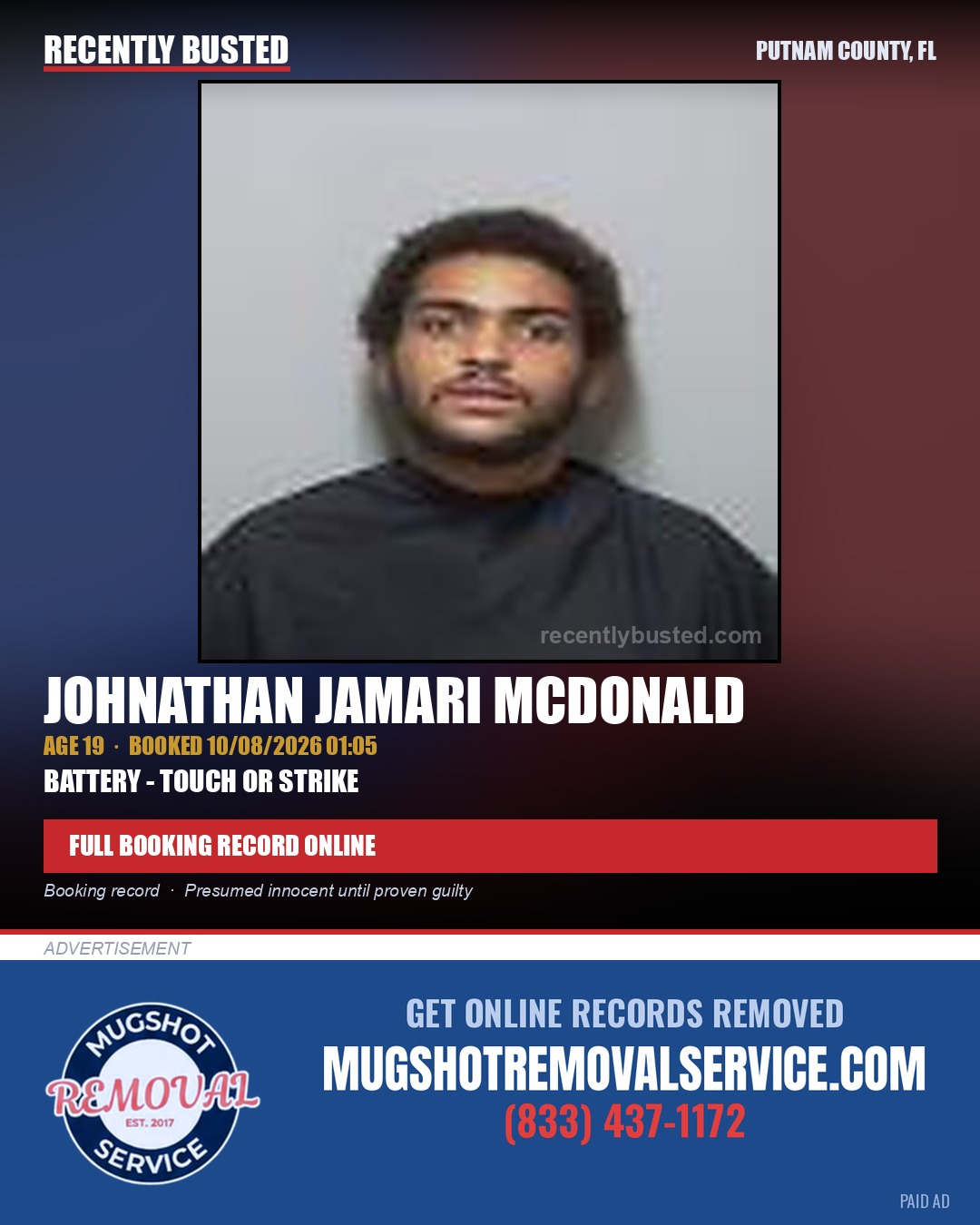 Johnathan Jamari Mcdonald — arrest record card, Putnam County, Florida