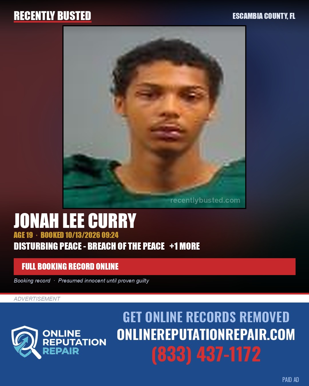Jonah Lee Curry — arrest record card, Escambia County, Florida