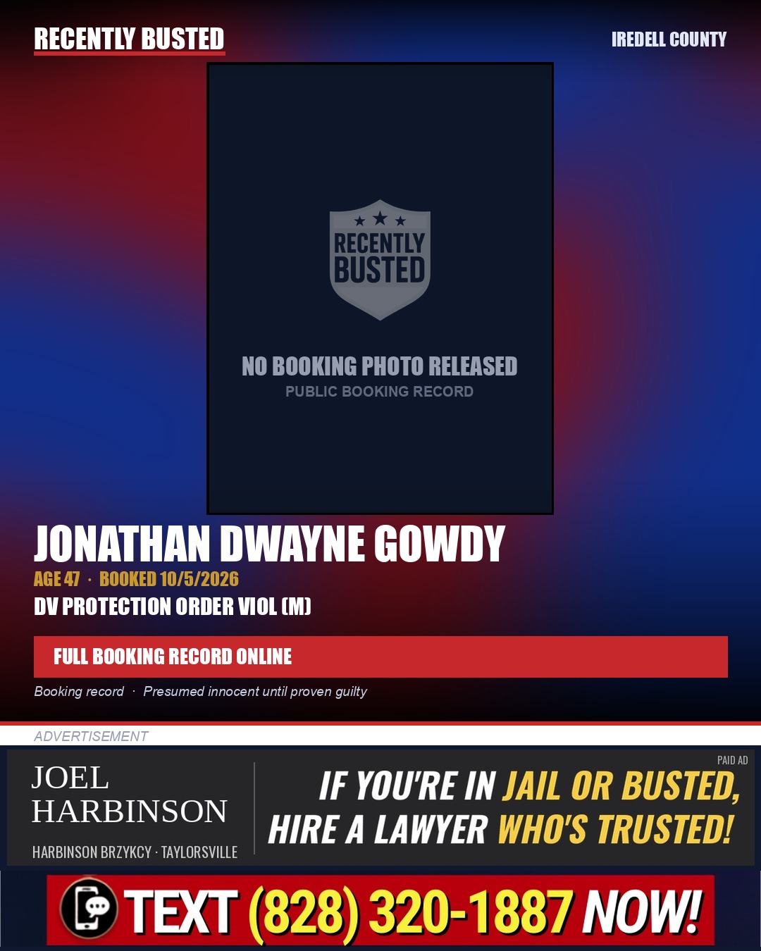 JONATHAN DWAYNE GOWDY — arrest record card, Iredell County