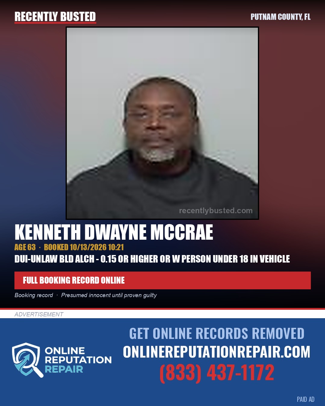 Kenneth Dwayne Mccrae — arrest record card, Putnam County, Florida