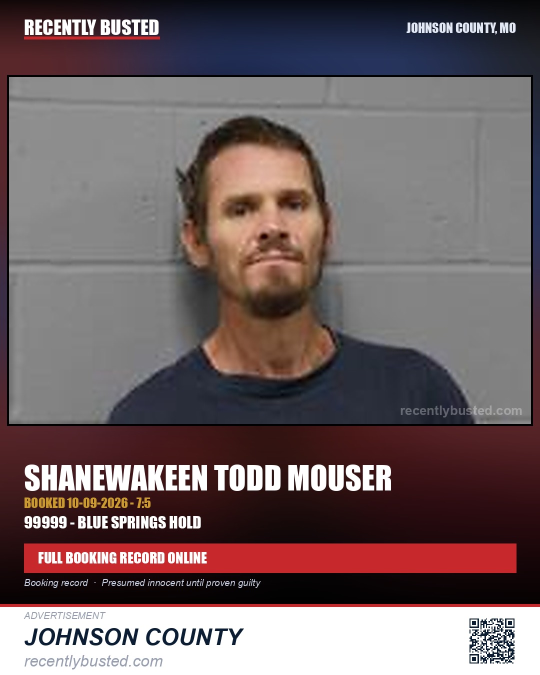 MOUSER, SHANEWAKEEN TODD — arrest record card, Johnson County, Missouri