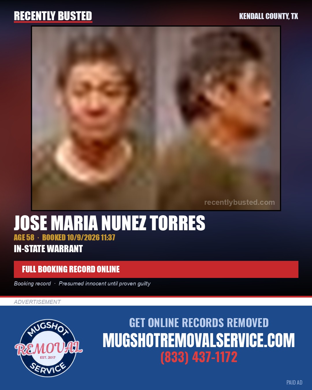 NUNEZ TORRES, JOSE MARIA — arrest record card, Kendall County, Illinois
