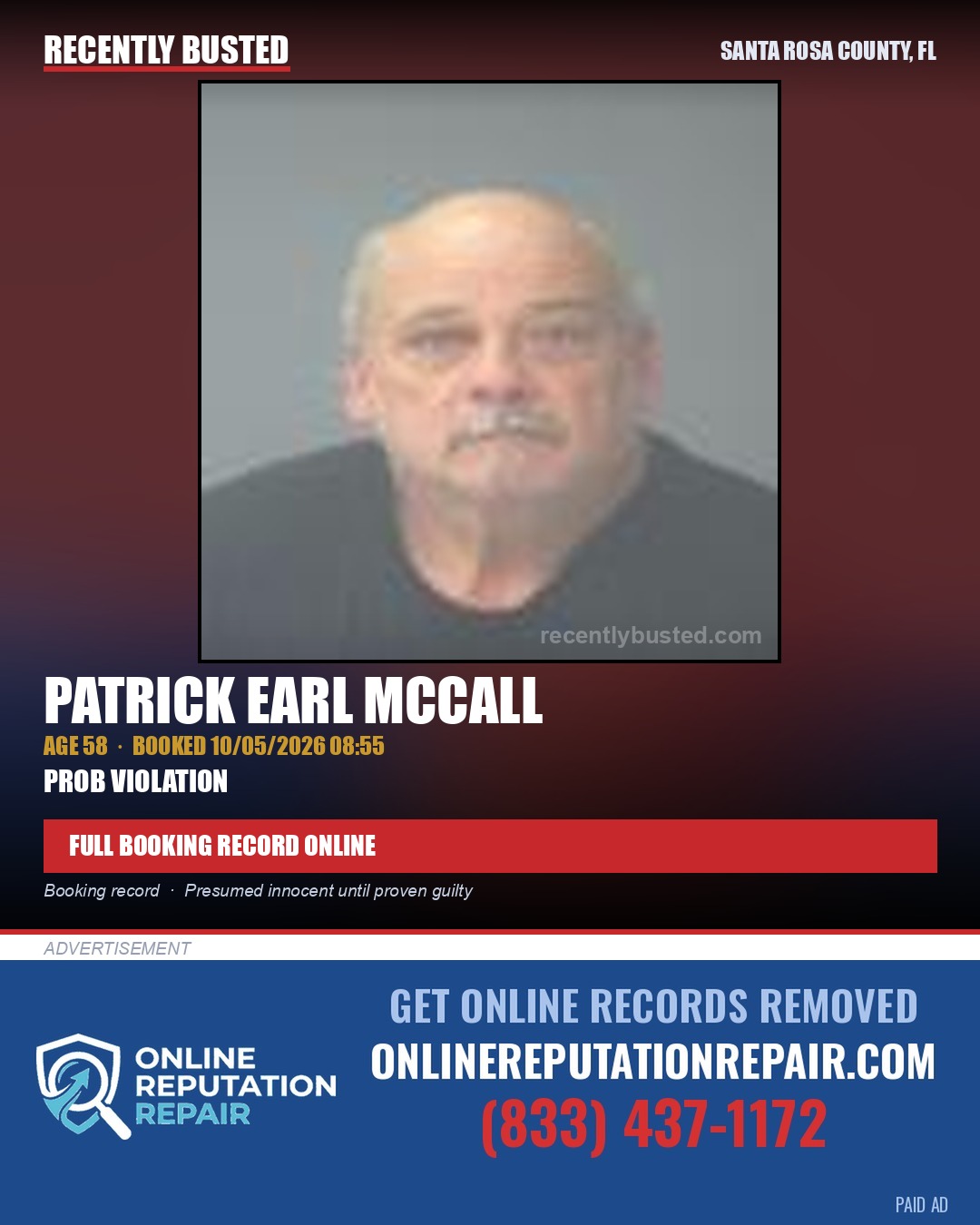 Patrick Earl Mccall — arrest record card, Santa Rosa County, Florida