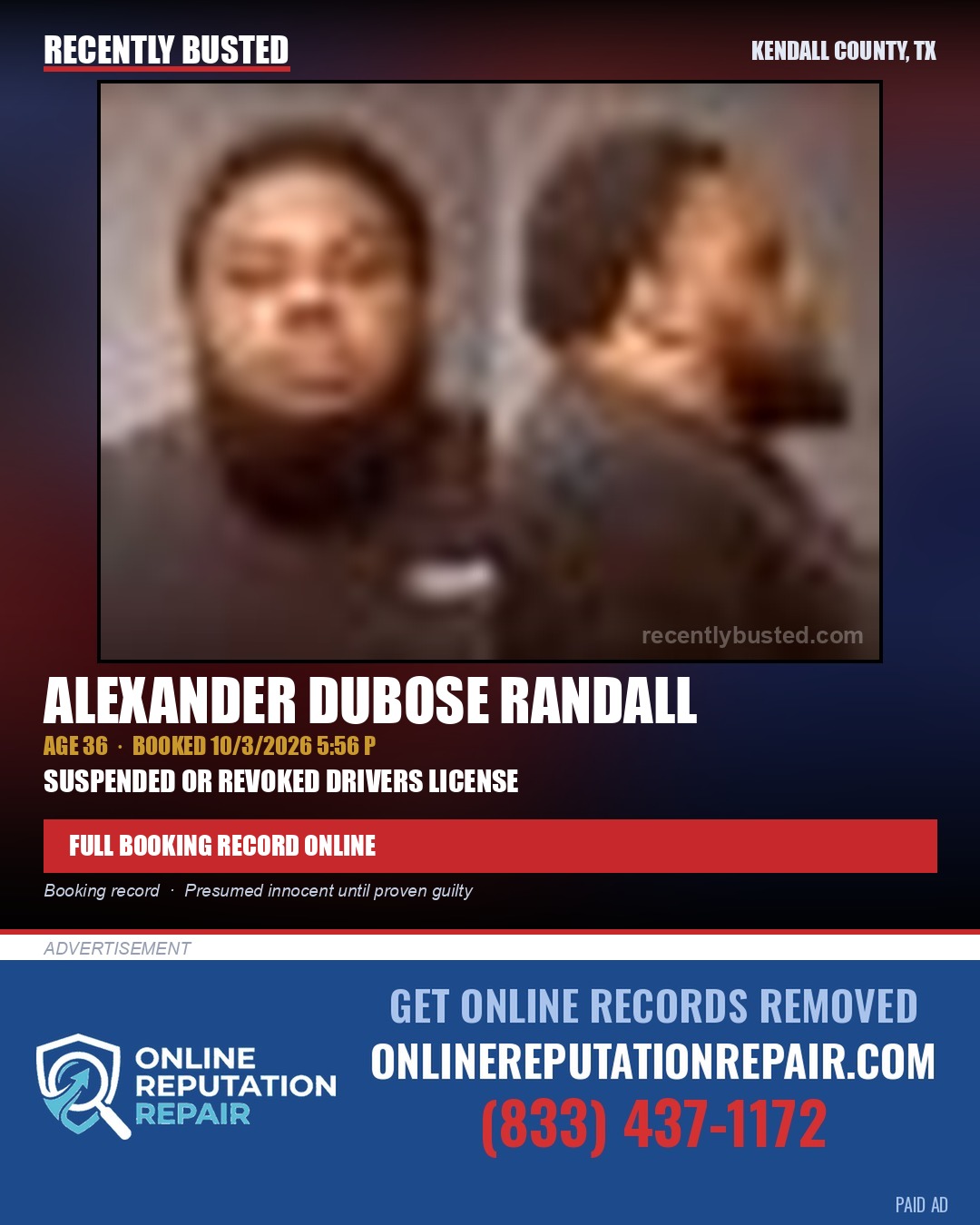 RANDALL, ALEXANDER DUBOSE — arrest record card, Kendall County, Illinois