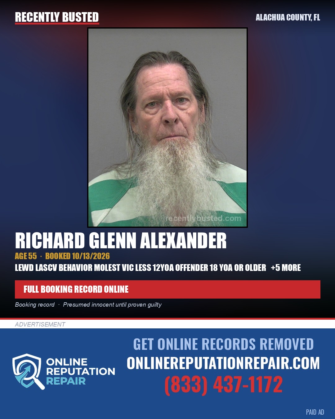Richard Glenn Alexander — arrest record card, Alachua County, Florida