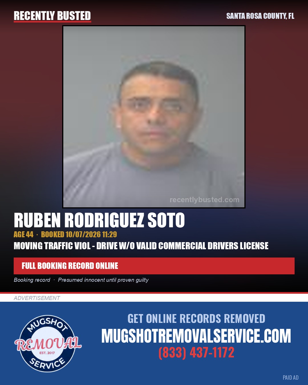 Ruben Rodriguez Soto — arrest record card, Santa Rosa County, Florida