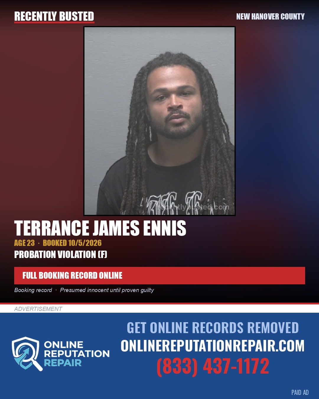 TERRANCE JAMES ENNIS — arrest record card, New Hanover County