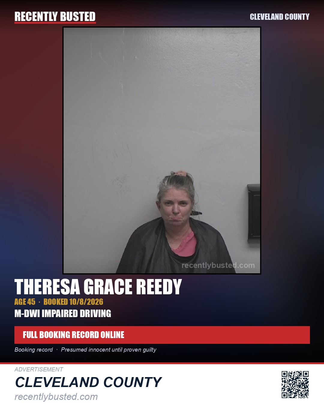 THERESA GRACE REEDY — arrest record card, Cleveland County