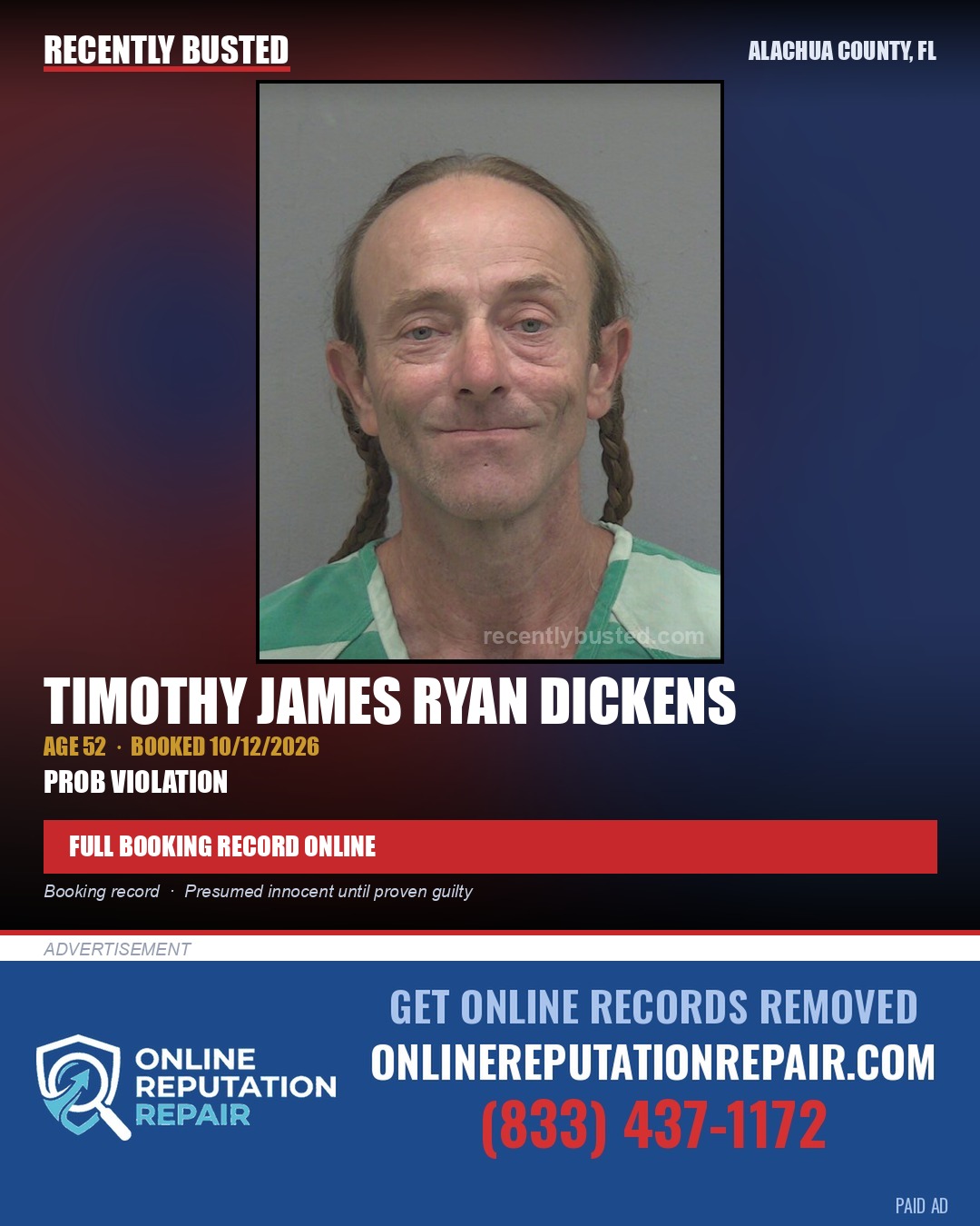Timothy James Ryan Dickens — arrest record card, Alachua County, Florida