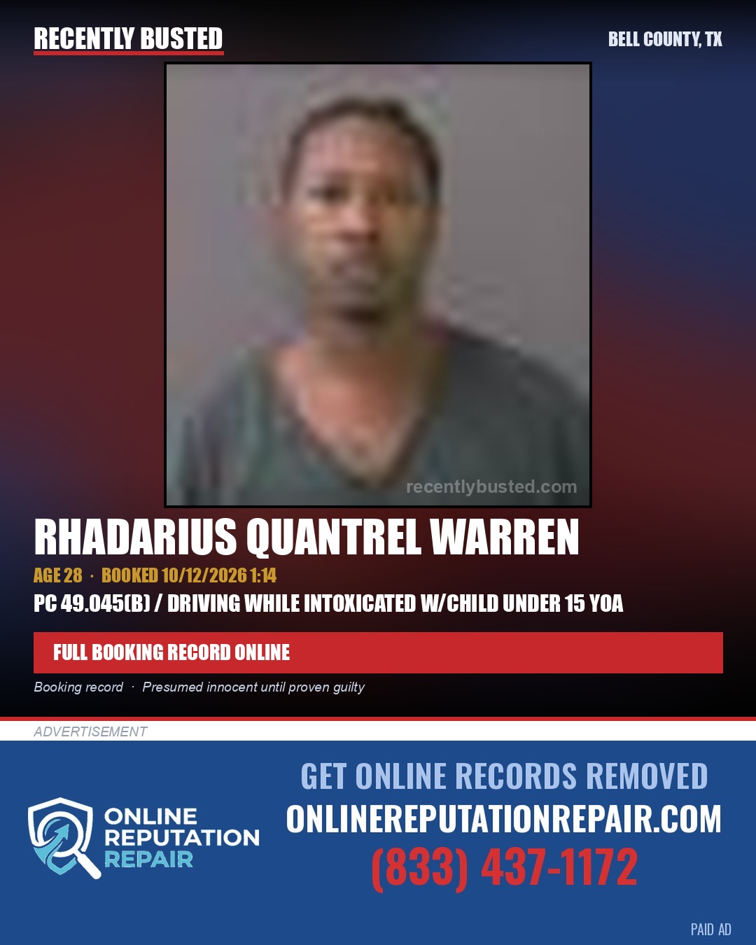 WARREN, RHADARIUS QUANTREL — arrest record card, Bell County, Texas