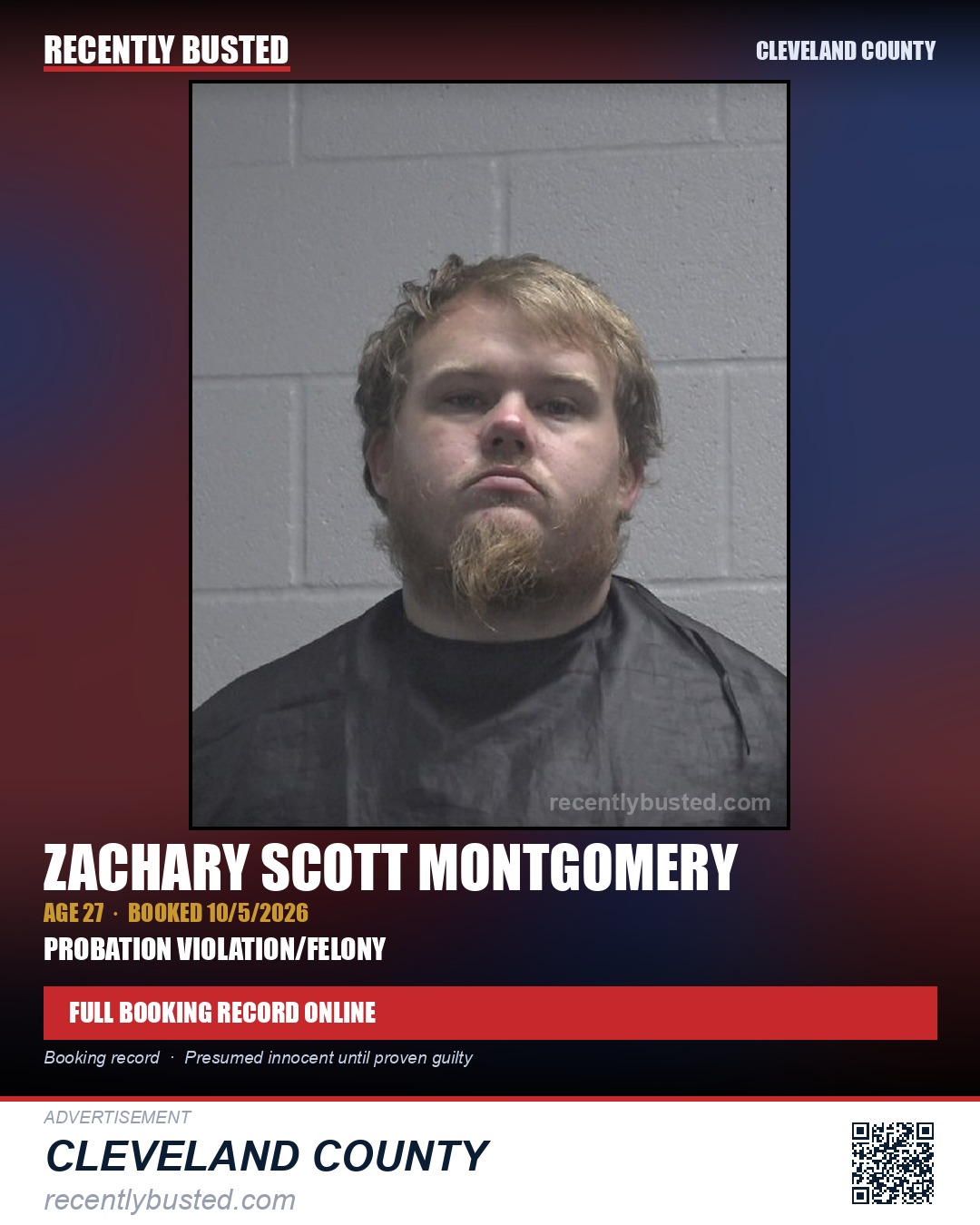 ZACHARY SCOTT MONTGOMERY — arrest record card, Cleveland County
