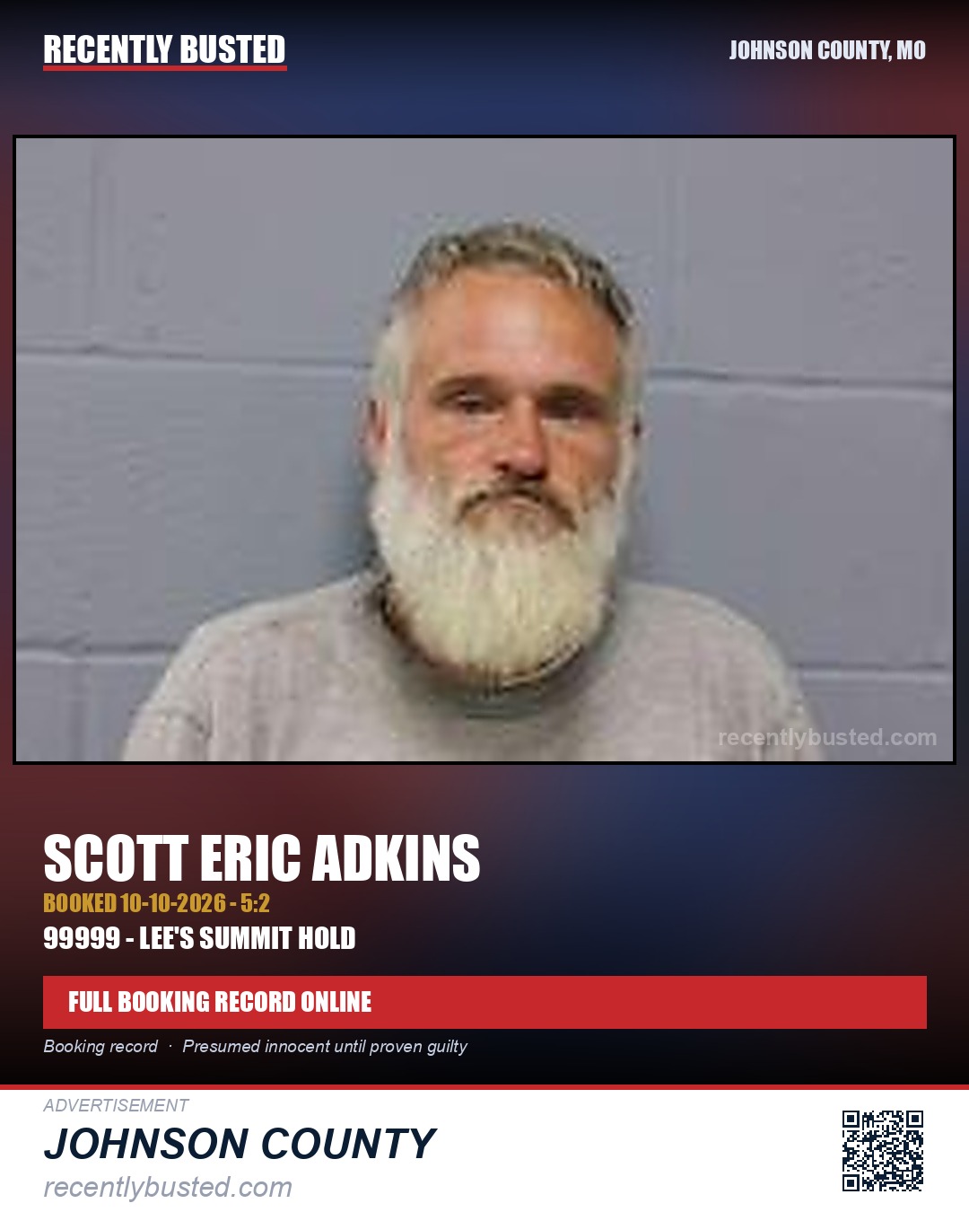 ADKINS, SCOTT ERIC — arrest record card, Johnson County, Missouri
