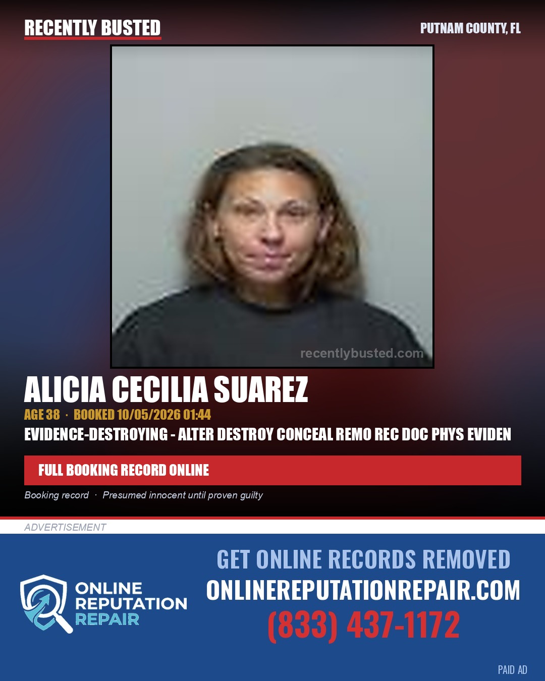 Alicia Cecilia Suarez — arrest record card, Putnam County, Florida