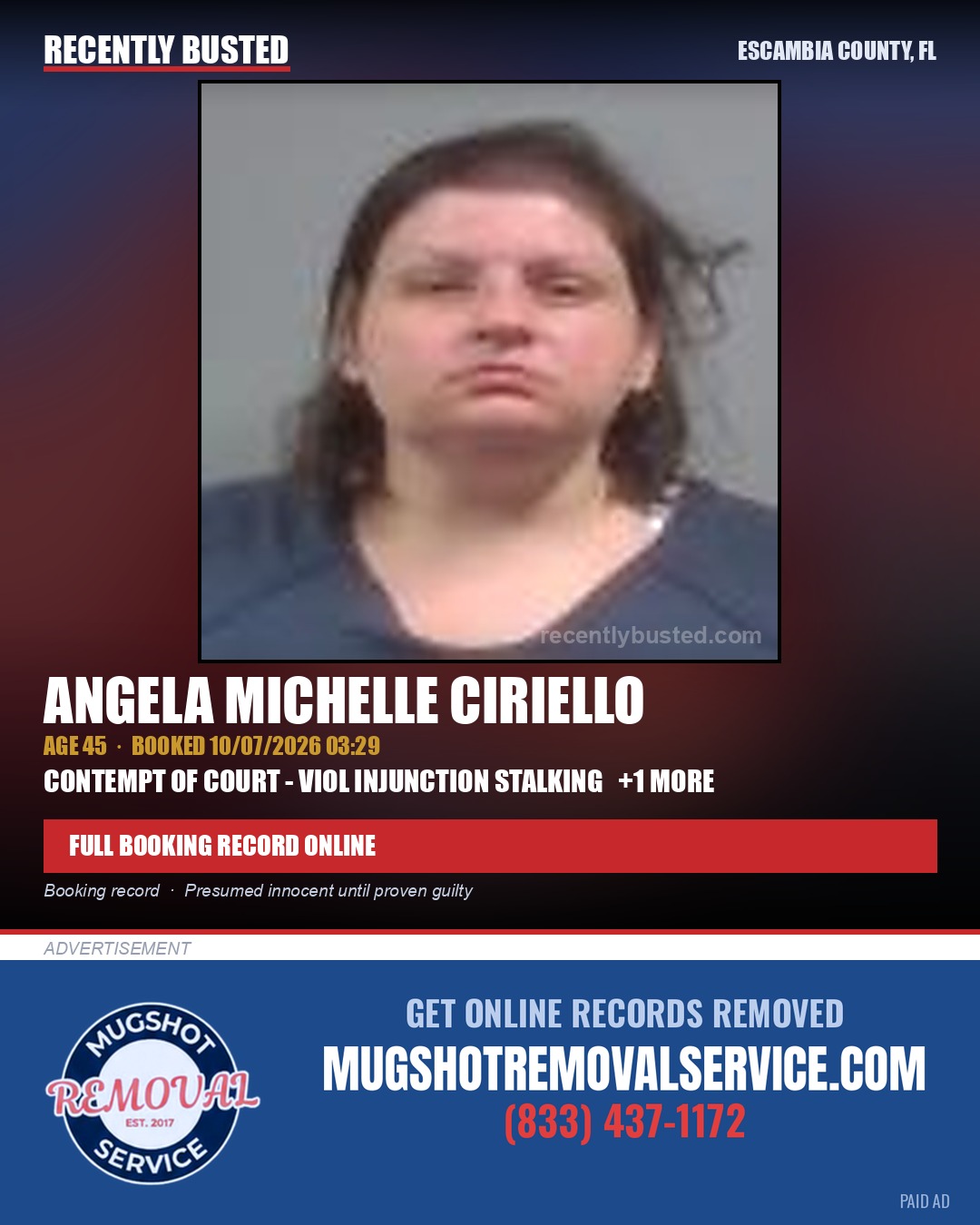 Angela Michelle Ciriello — arrest record card, Escambia County, Florida
