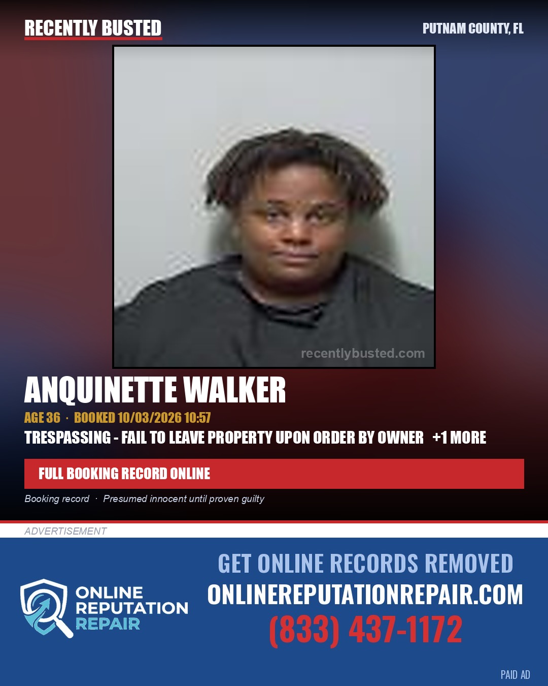 Anquinette Walker — arrest record card, Putnam County, Florida