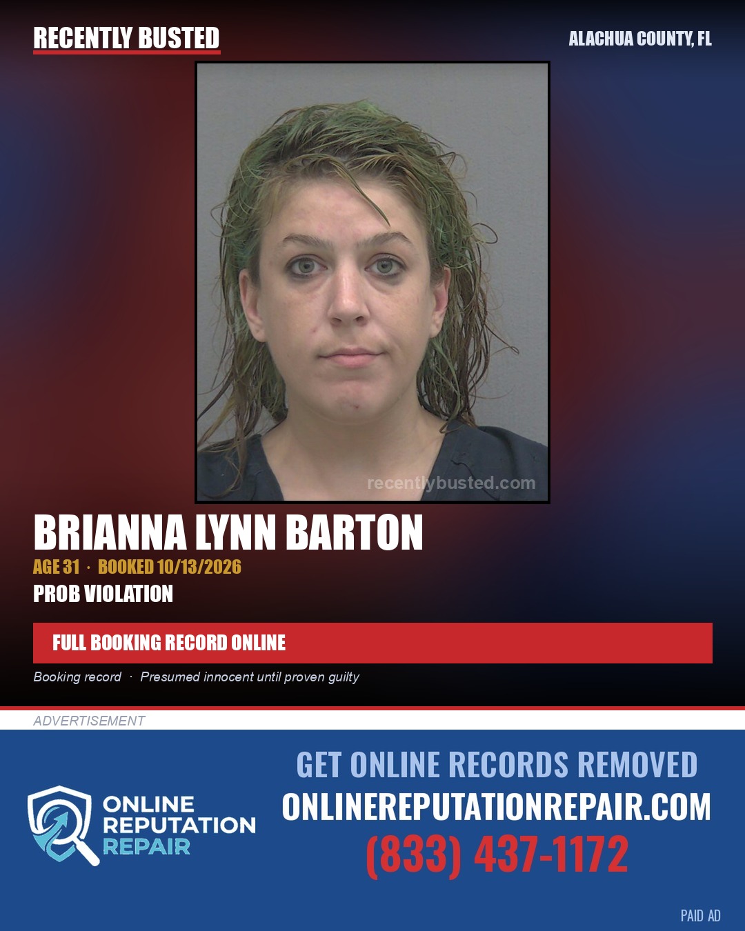 Brianna Lynn Barton — arrest record card, Alachua County, Florida