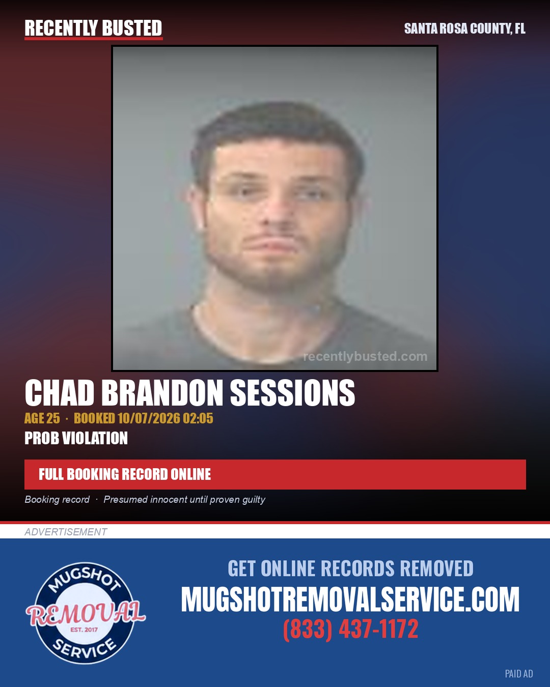 Chad Brandon Sessions — arrest record card, Santa Rosa County, Florida