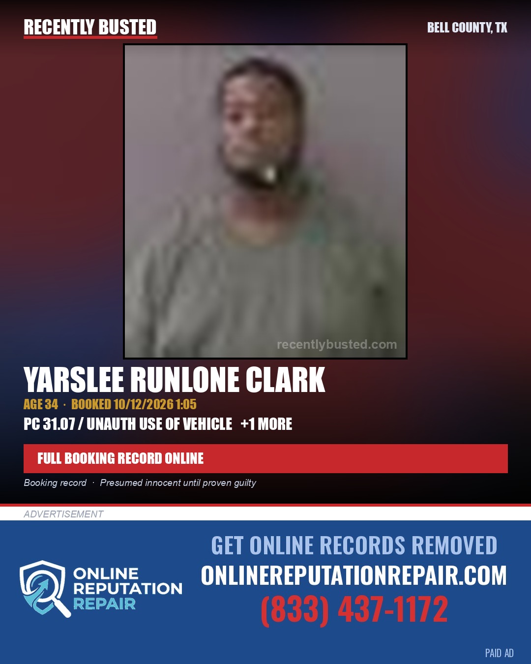 CLARK, YARSLEE RUNLONE — arrest record card, Bell County, Texas