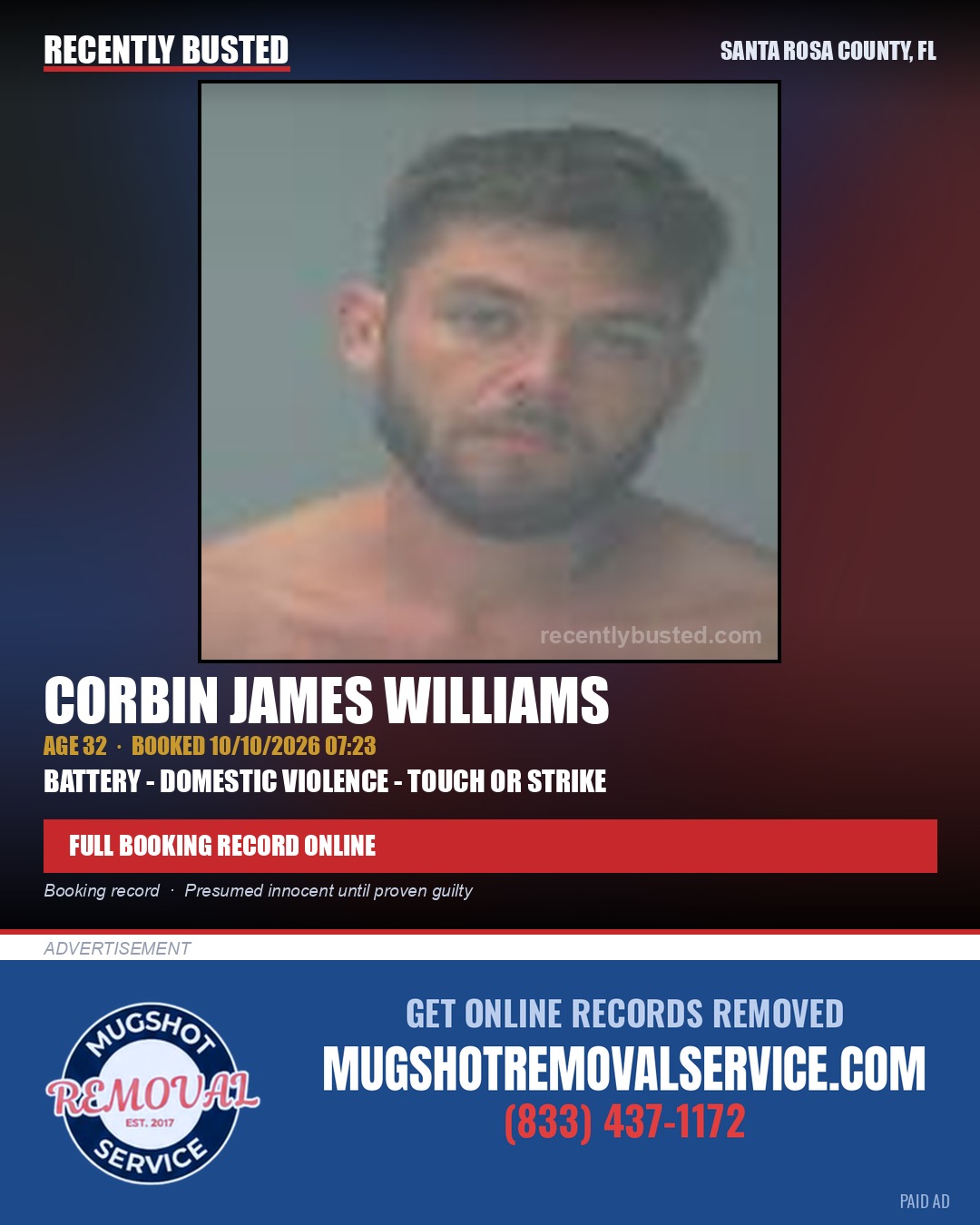 Corbin James Williams — arrest record card, Santa Rosa County, Florida