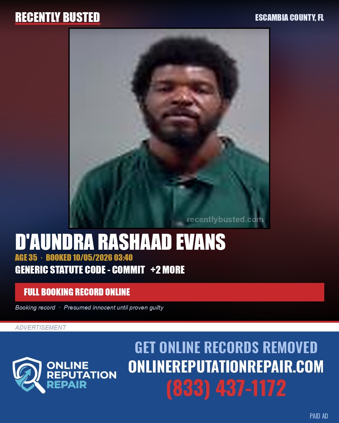 D'Aundra Rashaad Evans — arrest record card, Escambia County, Florida