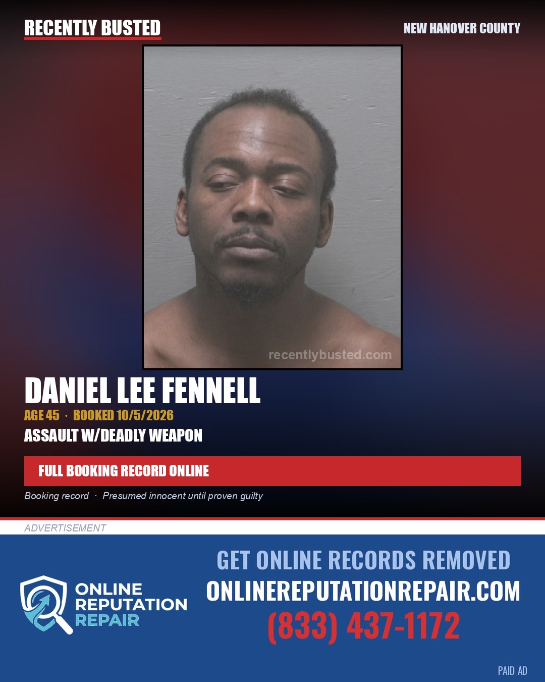 DANIEL LEE FENNELL — arrest record card, New Hanover County