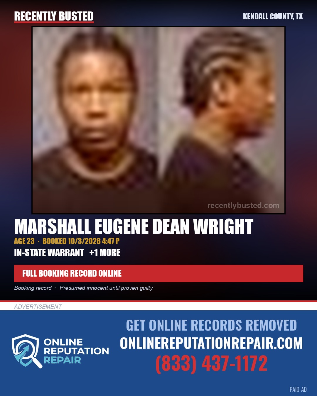 DEAN WRIGHT, MARSHALL EUGENE — arrest record card, Kendall County, Illinois