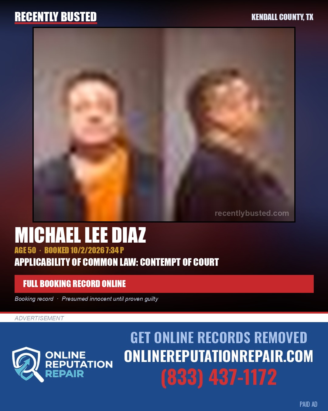 DIAZ, MICHAEL LEE — arrest record card, Kendall County, Illinois