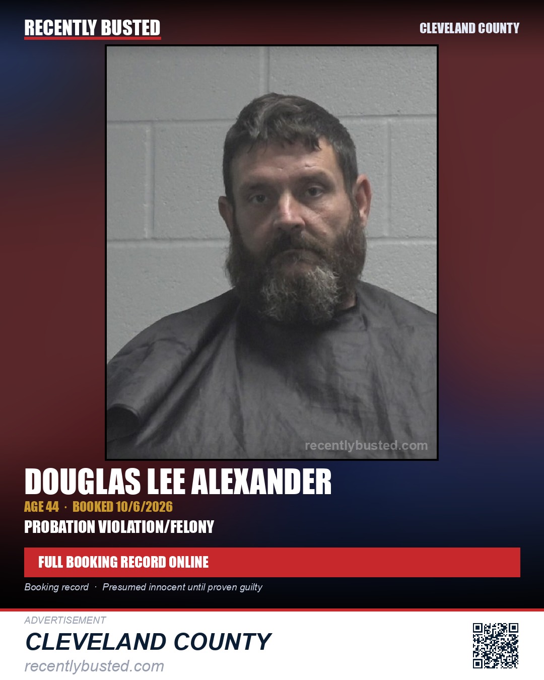 DOUGLAS LEE ALEXANDER — arrest record card, Cleveland County