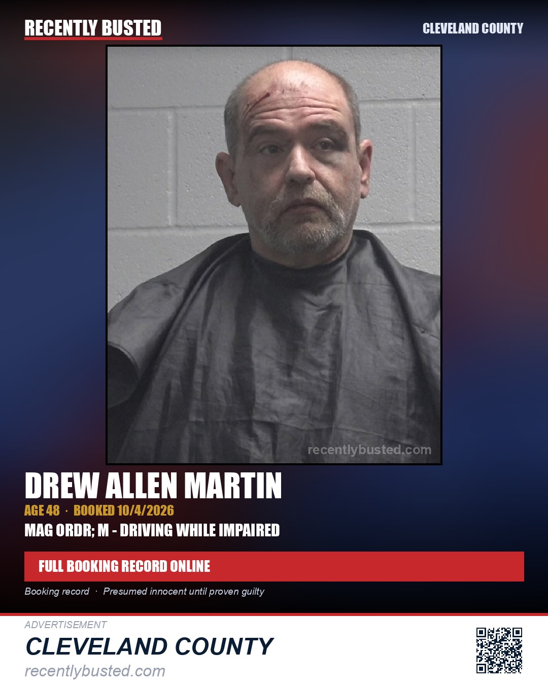 DREW ALLEN MARTIN — arrest record card, Cleveland County