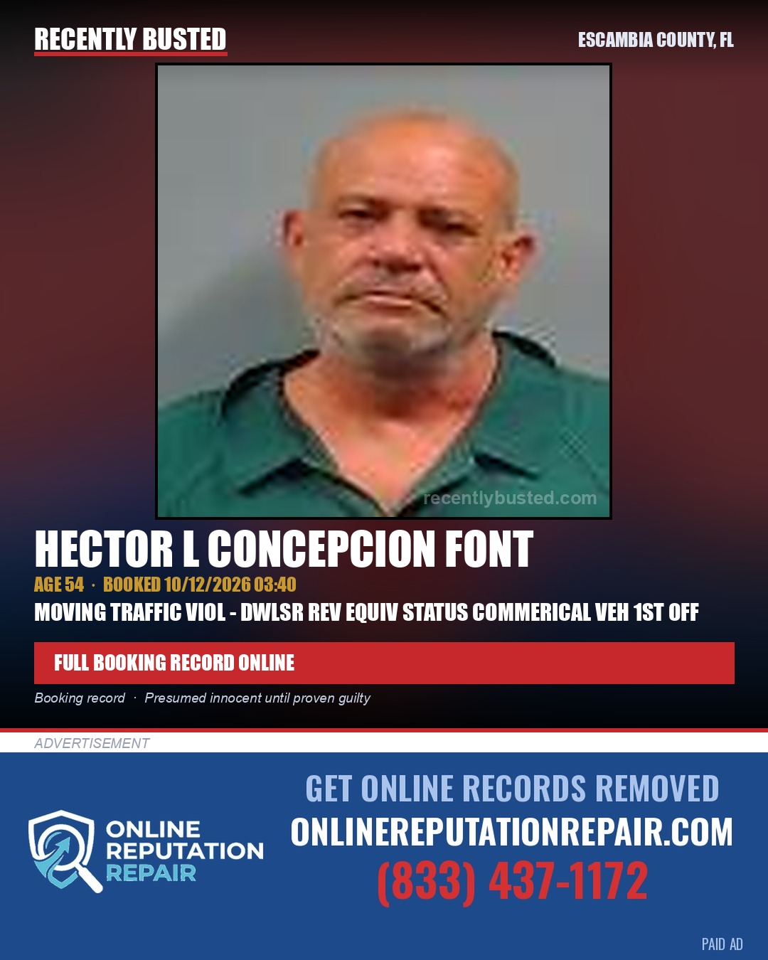 Hector L Concepcion Font — arrest record card, Escambia County, Florida
