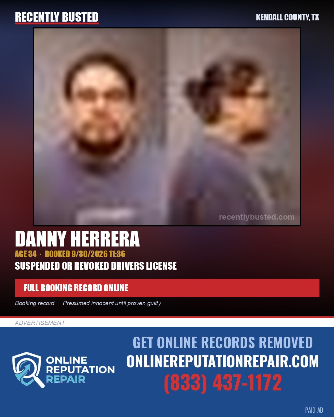HERRERA, DANNY — arrest record card, Kendall County, Illinois