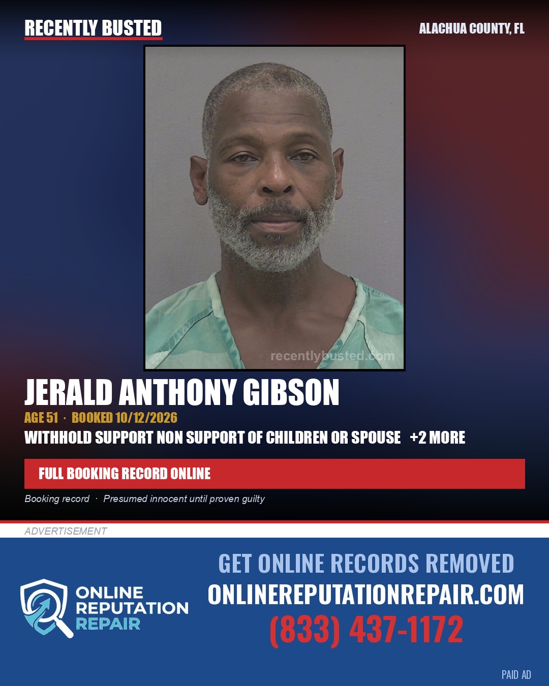 Jerald Anthony Gibson — arrest record card, Alachua County, Florida