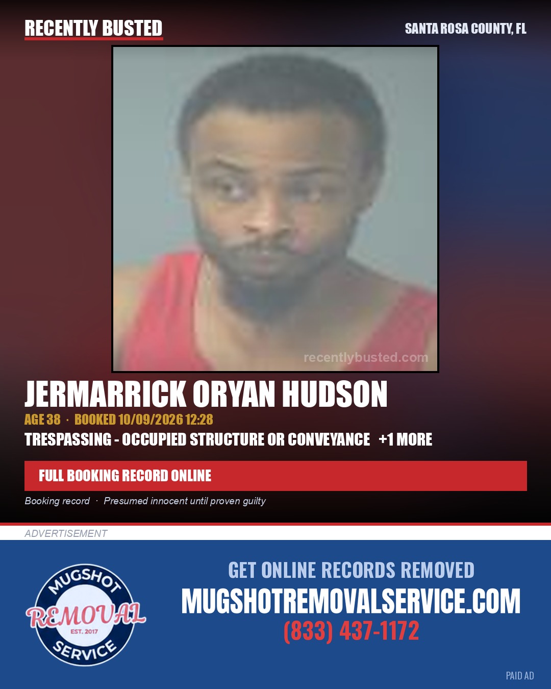 Jermarrick Oryan Hudson — arrest record card, Santa Rosa County, Florida