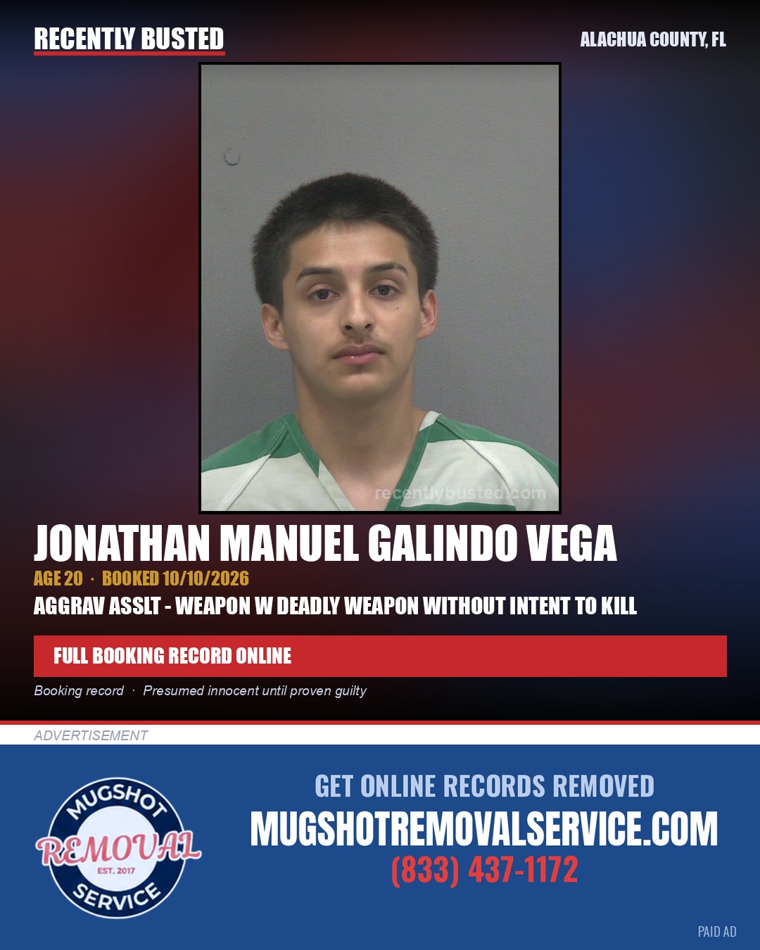 Jonathan Manuel Galindo Vega — arrest record card, Alachua County, Florida