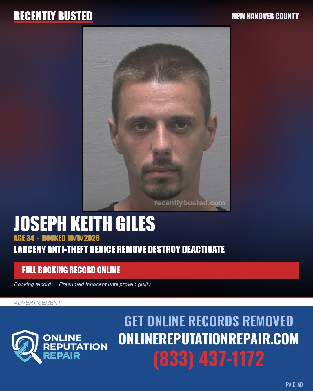 JOSEPH KEITH GILES — arrest record card, New Hanover County