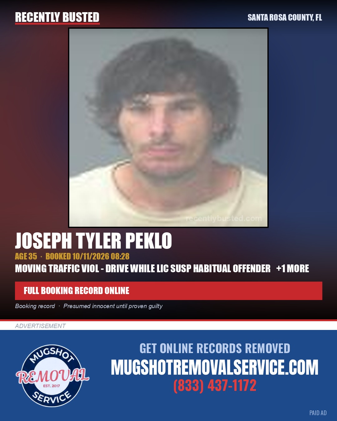 Joseph Tyler Peklo — arrest record card, Santa Rosa County, Florida