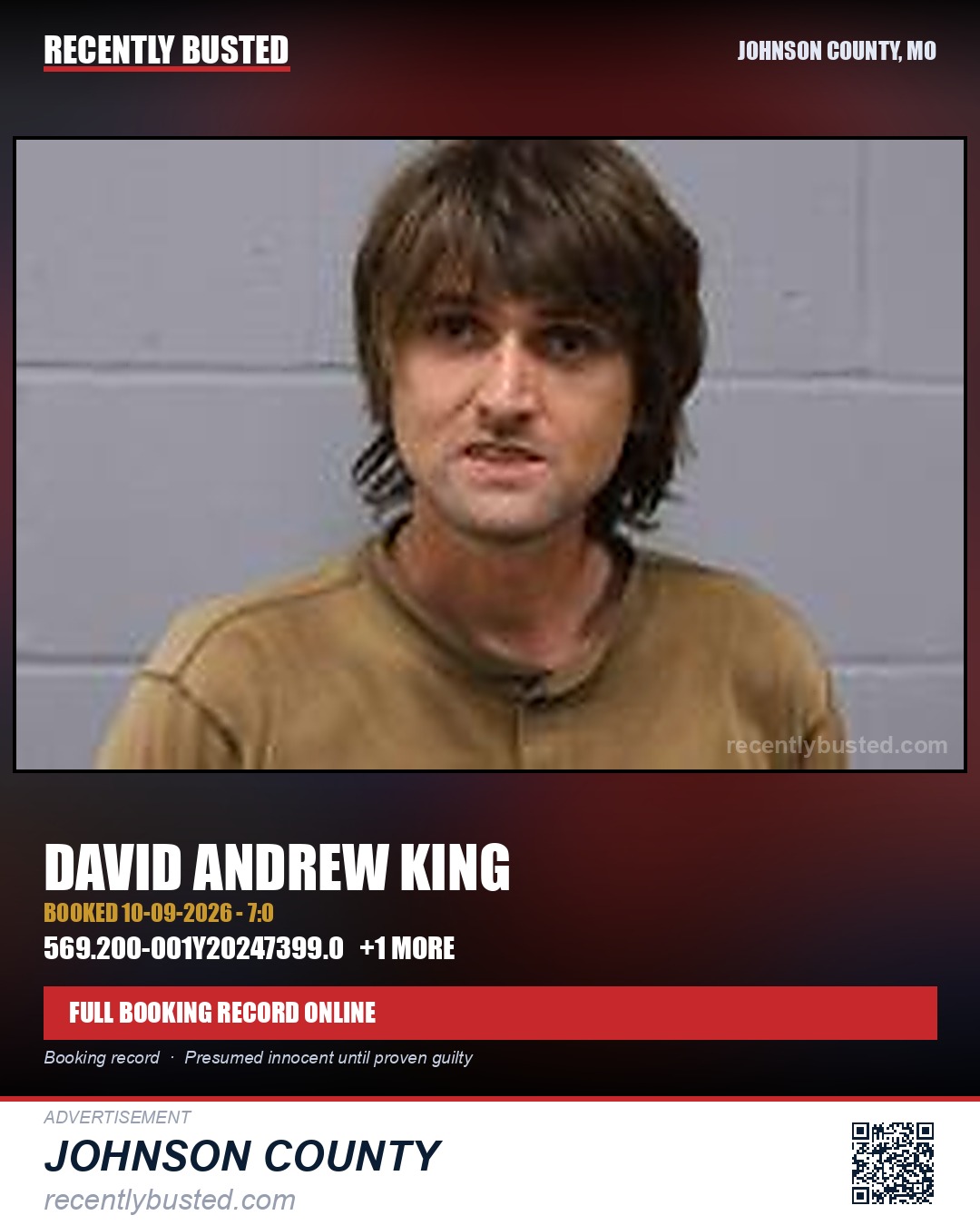 KING, DAVID ANDREW — arrest record card, Johnson County, Missouri