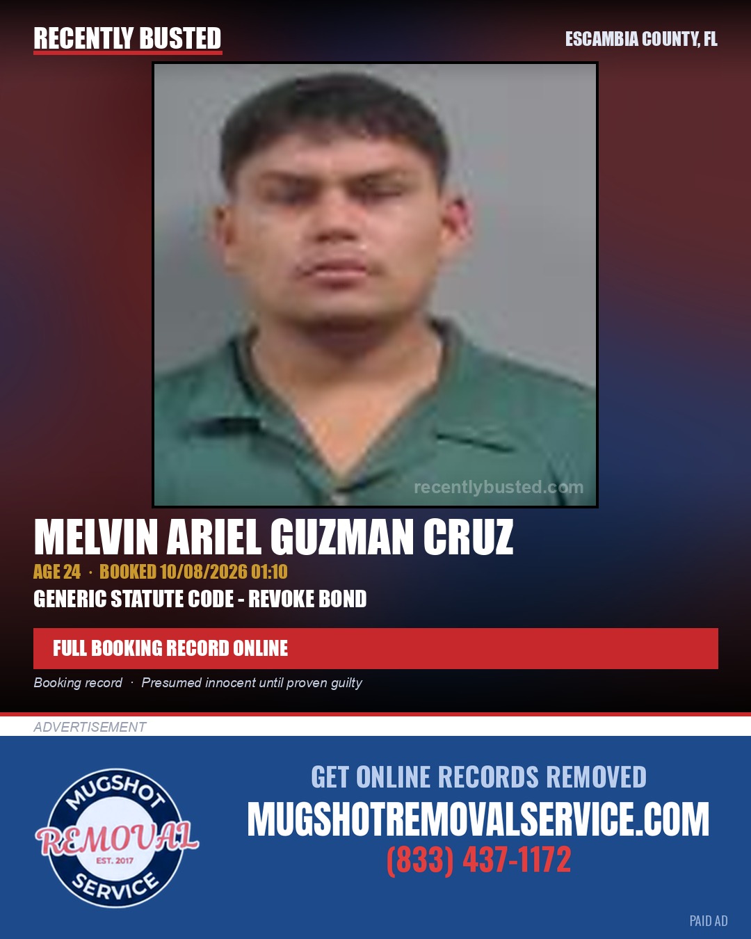 Melvin Ariel Guzman Cruz — arrest record card, Escambia County, Florida