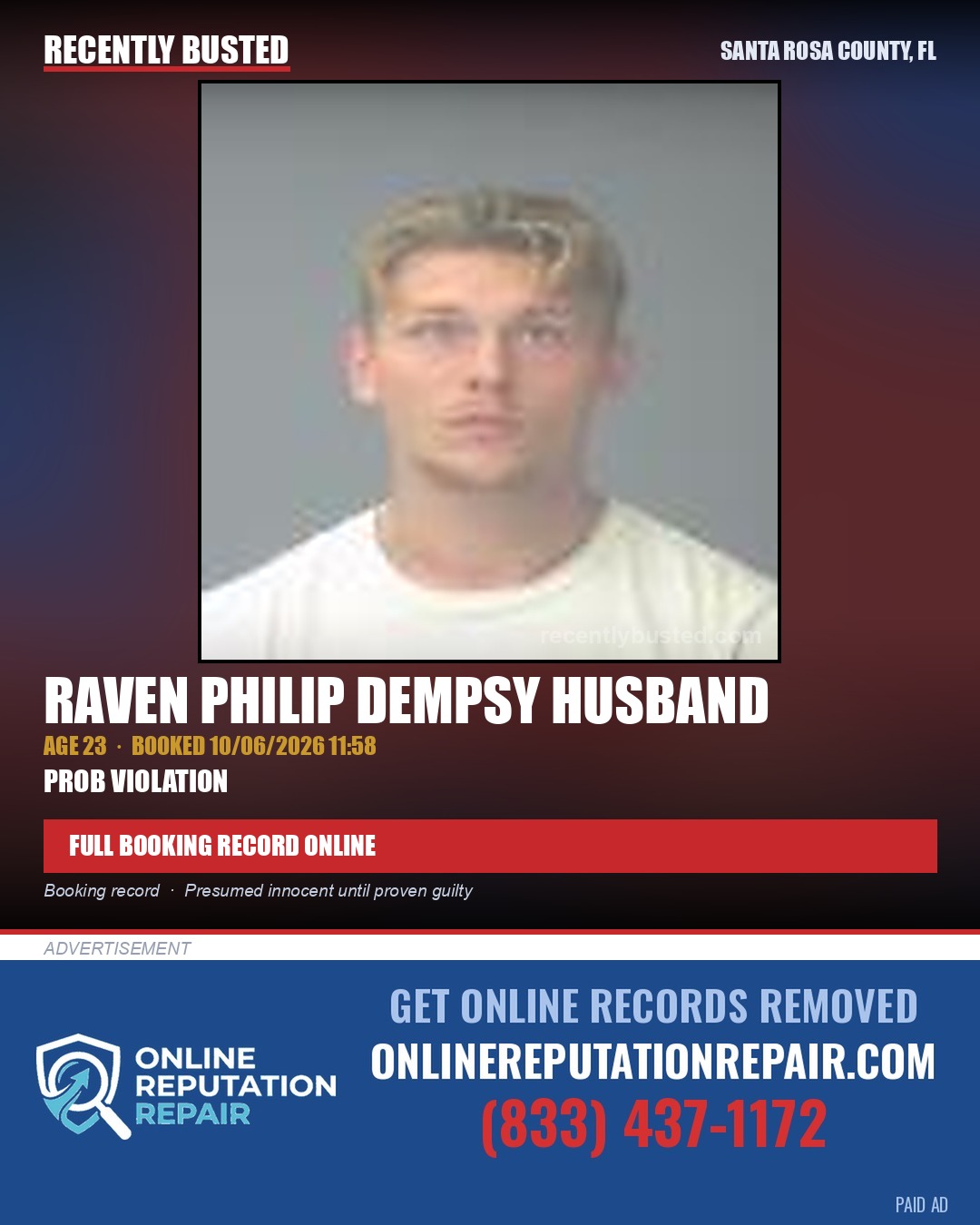 Raven Philip Dempsy Husband — arrest record card, Santa Rosa County, Florida