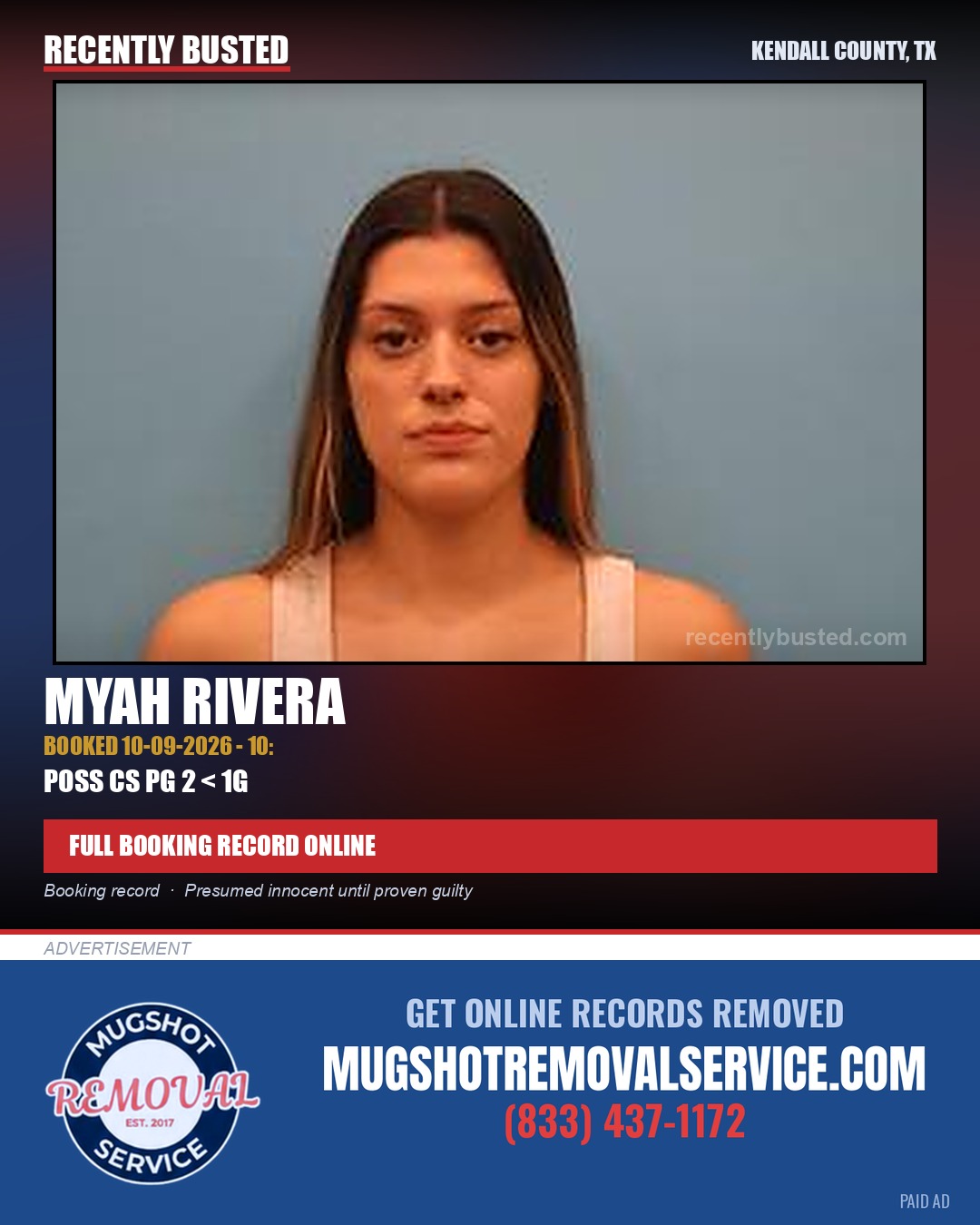 Rivera, Myah — arrest record card, Kendall County, Texas