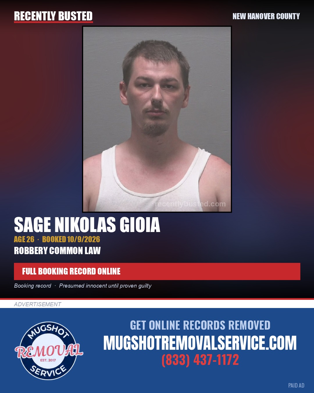 SAGE NIKOLAS GIOIA — arrest record card, New Hanover County
