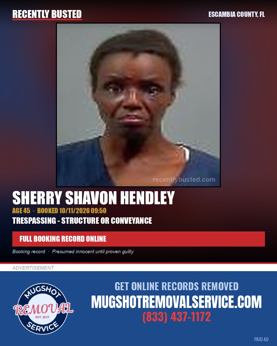 Sherry Shavon Hendley — arrest record card, Escambia County, Florida