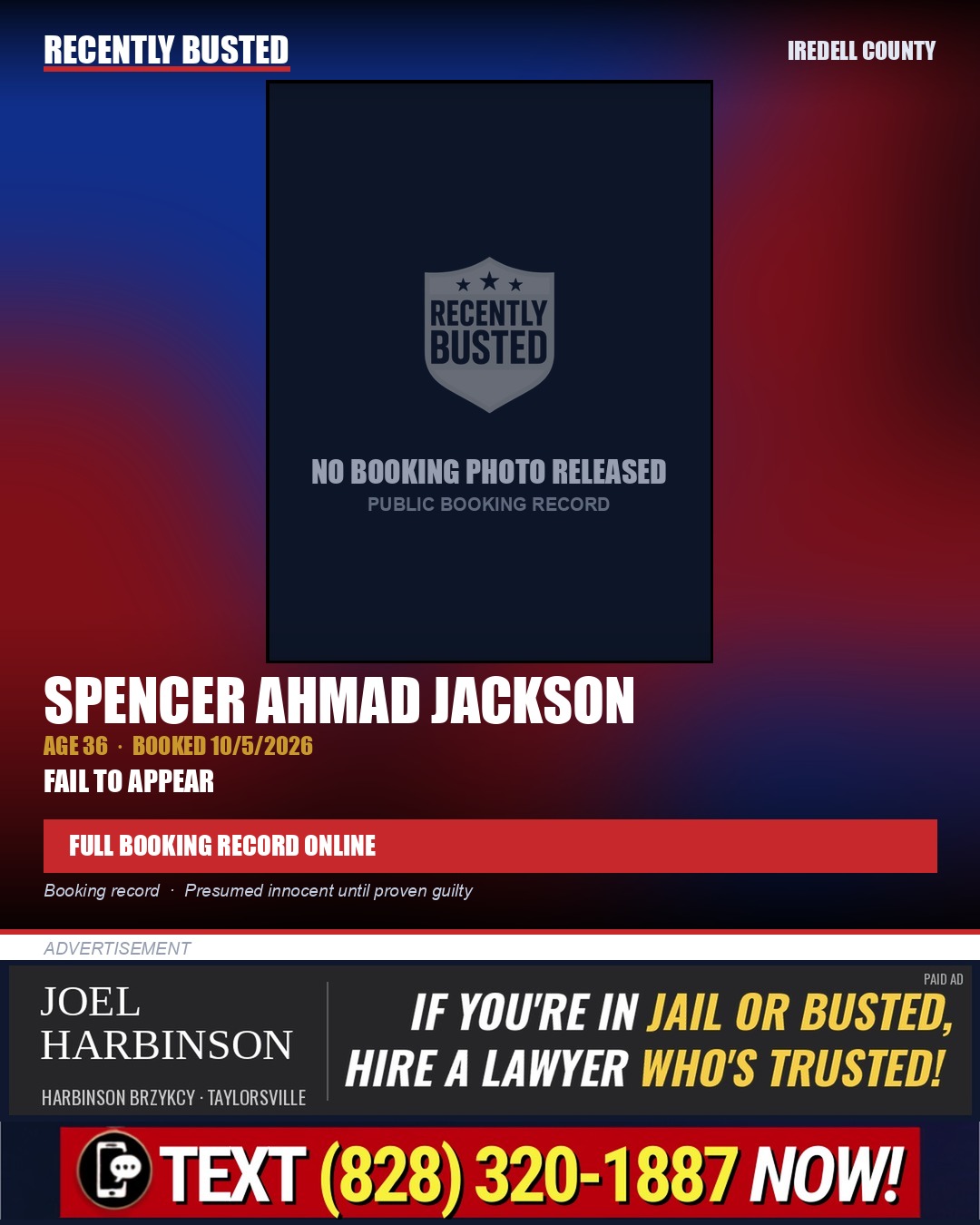 SPENCER AHMAD JACKSON — arrest record card, Iredell County