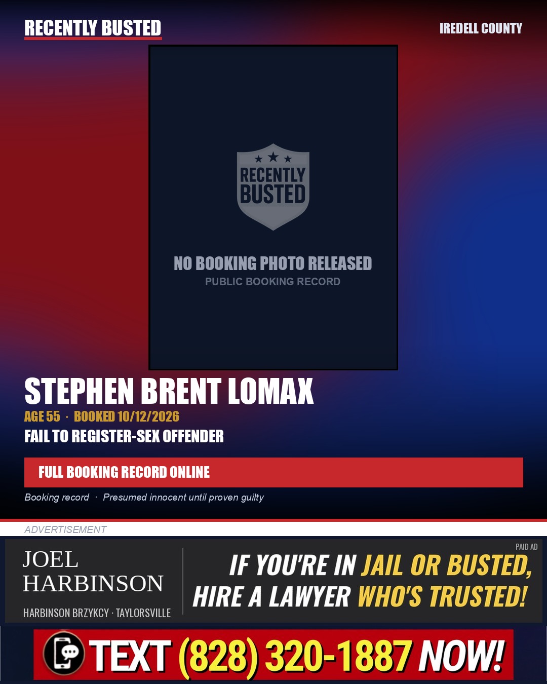 STEPHEN BRENT LOMAX — arrest record card, Iredell County
