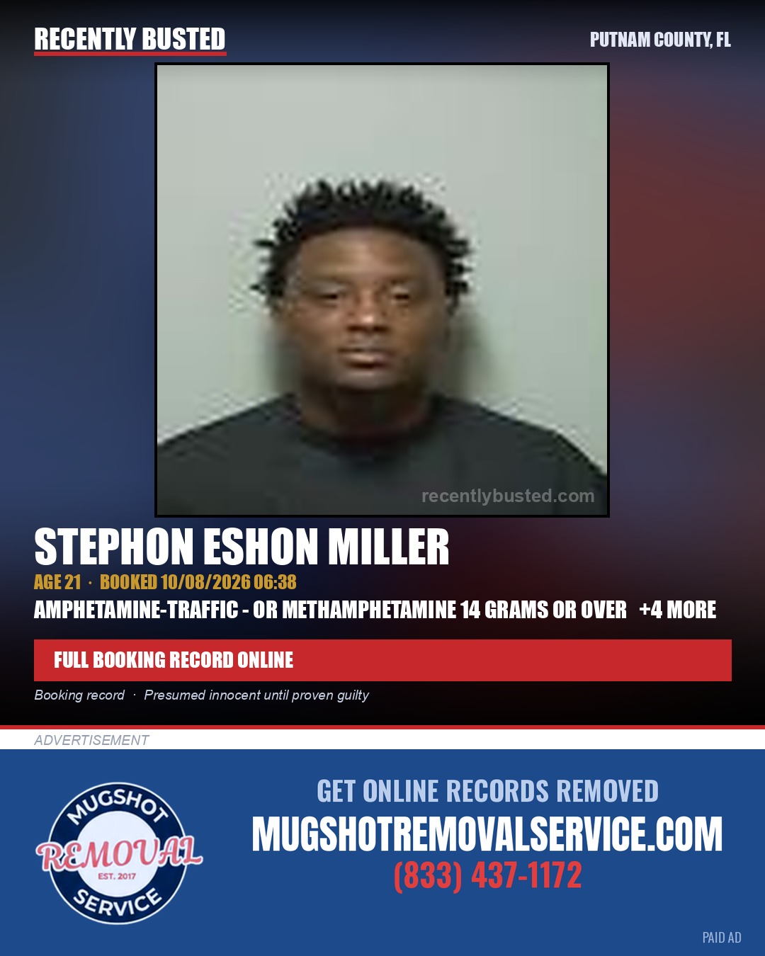 Stephon Eshon Miller — arrest record card, Putnam County, Florida