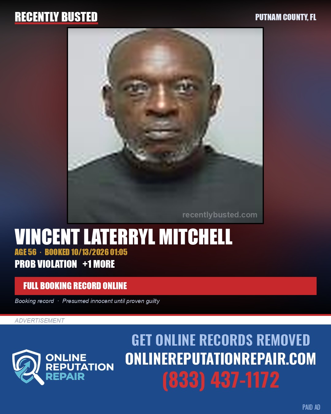 Vincent Laterryl Mitchell — arrest record card, Putnam County, Florida