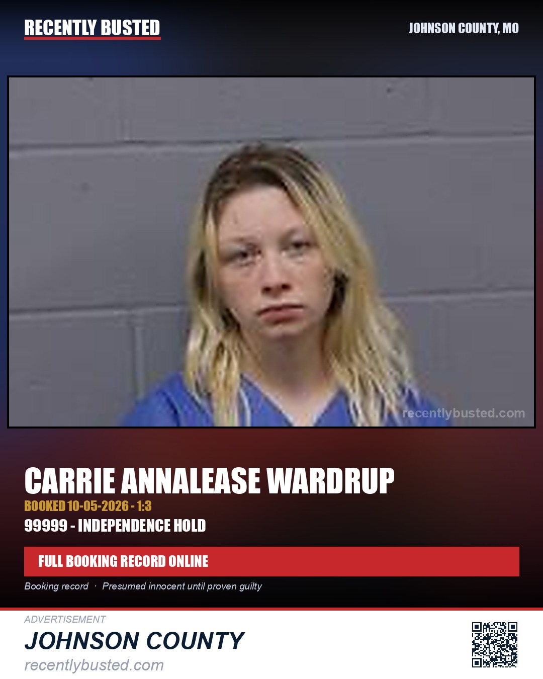 WARDRUP, CARRIE ANNALEASE — arrest record card, Johnson County, Missouri
