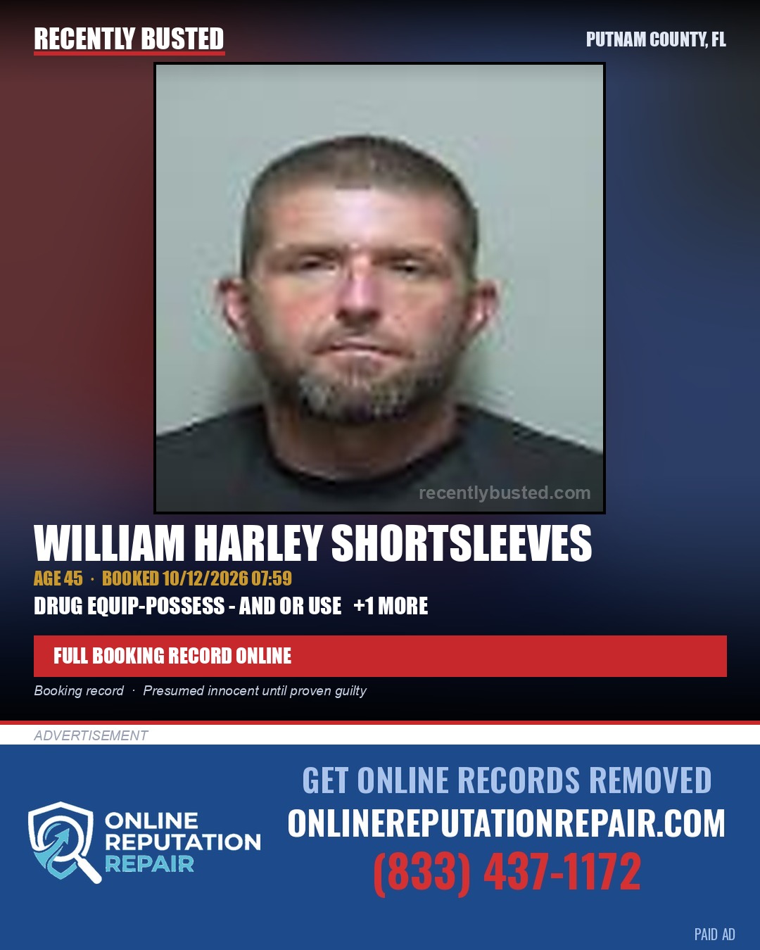William Harley Shortsleeves — arrest record card, Putnam County, Florida